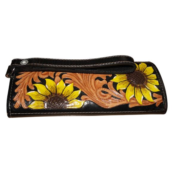 Hand Tooled Leather Sunflower Wallet Wristlet Black Brown Floral Western Boho - Picture 5 of 14